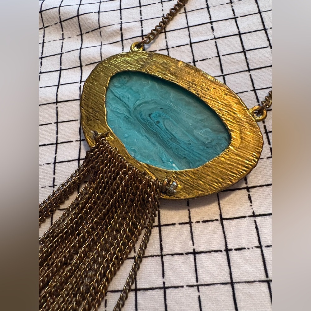 Gold + Turquoise Toned Chain Dangle Statement Nec… - image 4